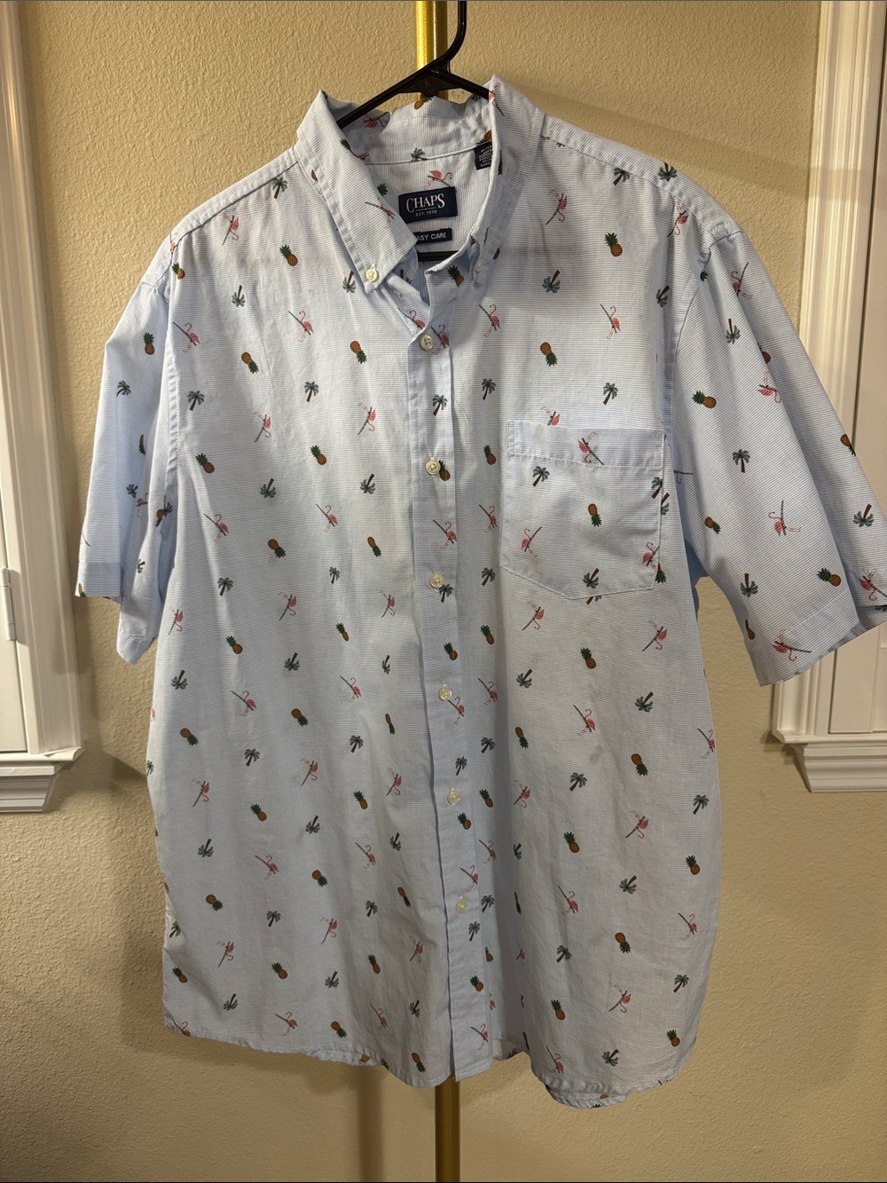 Chaps Light Blue Short-Sleeve Button-Down with Pineapple & Palm Print